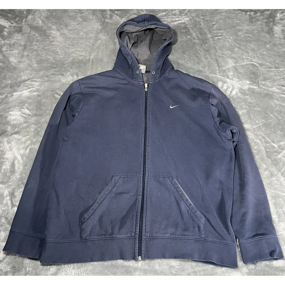 Nike Hoodie Men Size XXL Zip Up Navy Blue Faded Silver Tab Grunge Faded